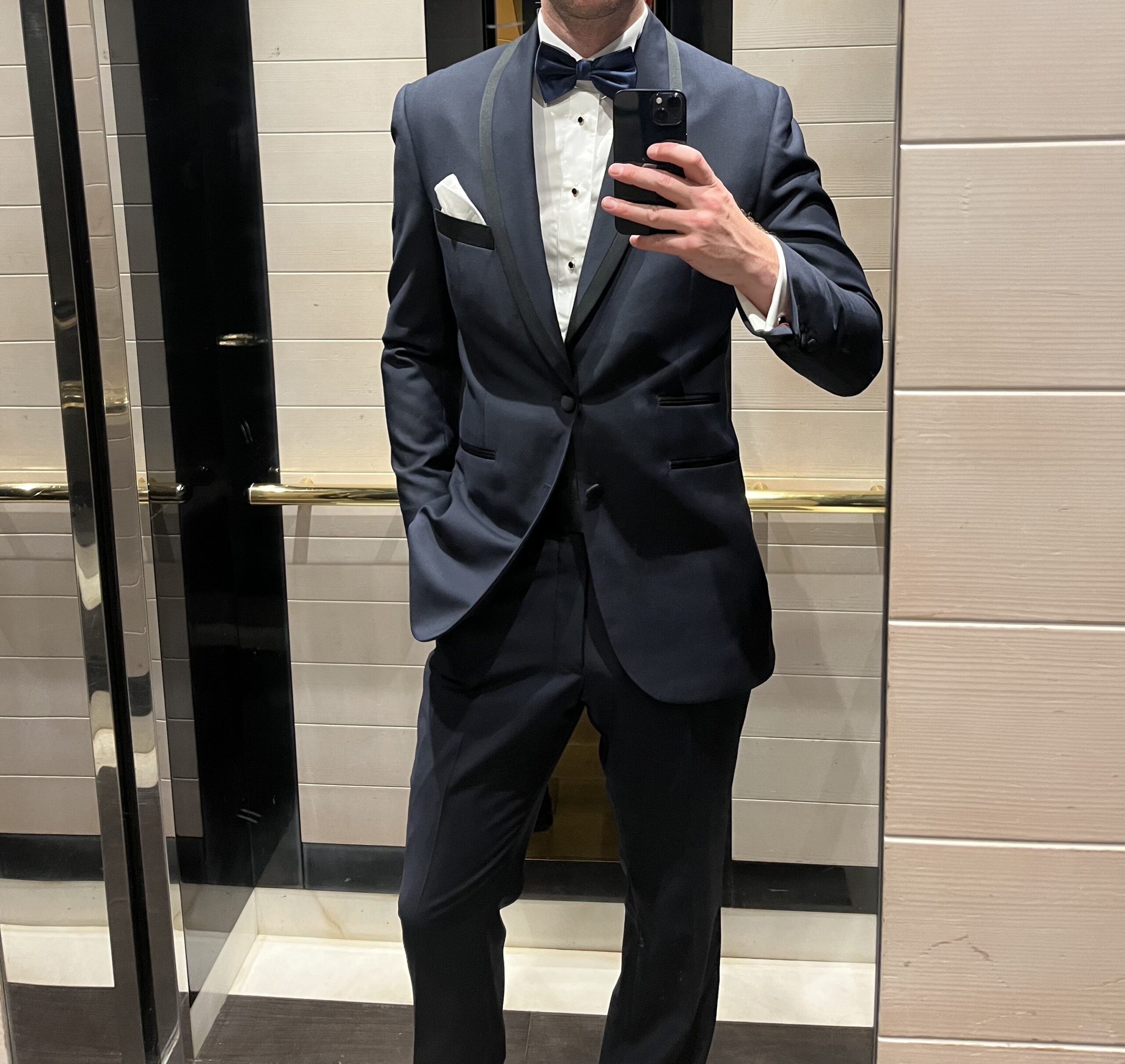 Indochino navy tuxedo worn by the editor