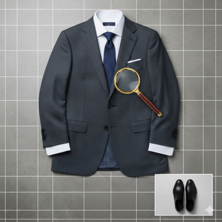 Bespoke navy blue suit with a minimalist checkmark logo for Indochino Review 2026